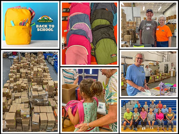 A collage of pictures of people with backpacks.