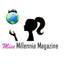 Miss Millennia Magazine logo, female siluette in black throws an earth with a skyline on it in the air