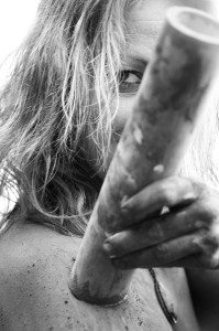 wanda simmons with a bamboo stick on her shoulder