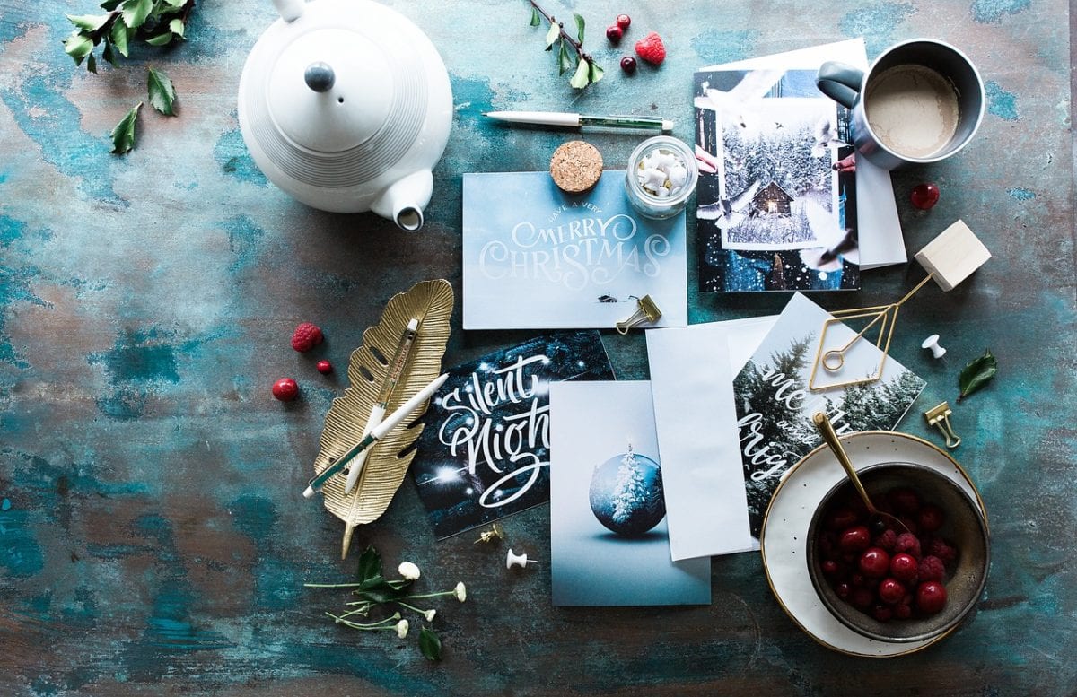 Christmas cards with teapot and stationary items