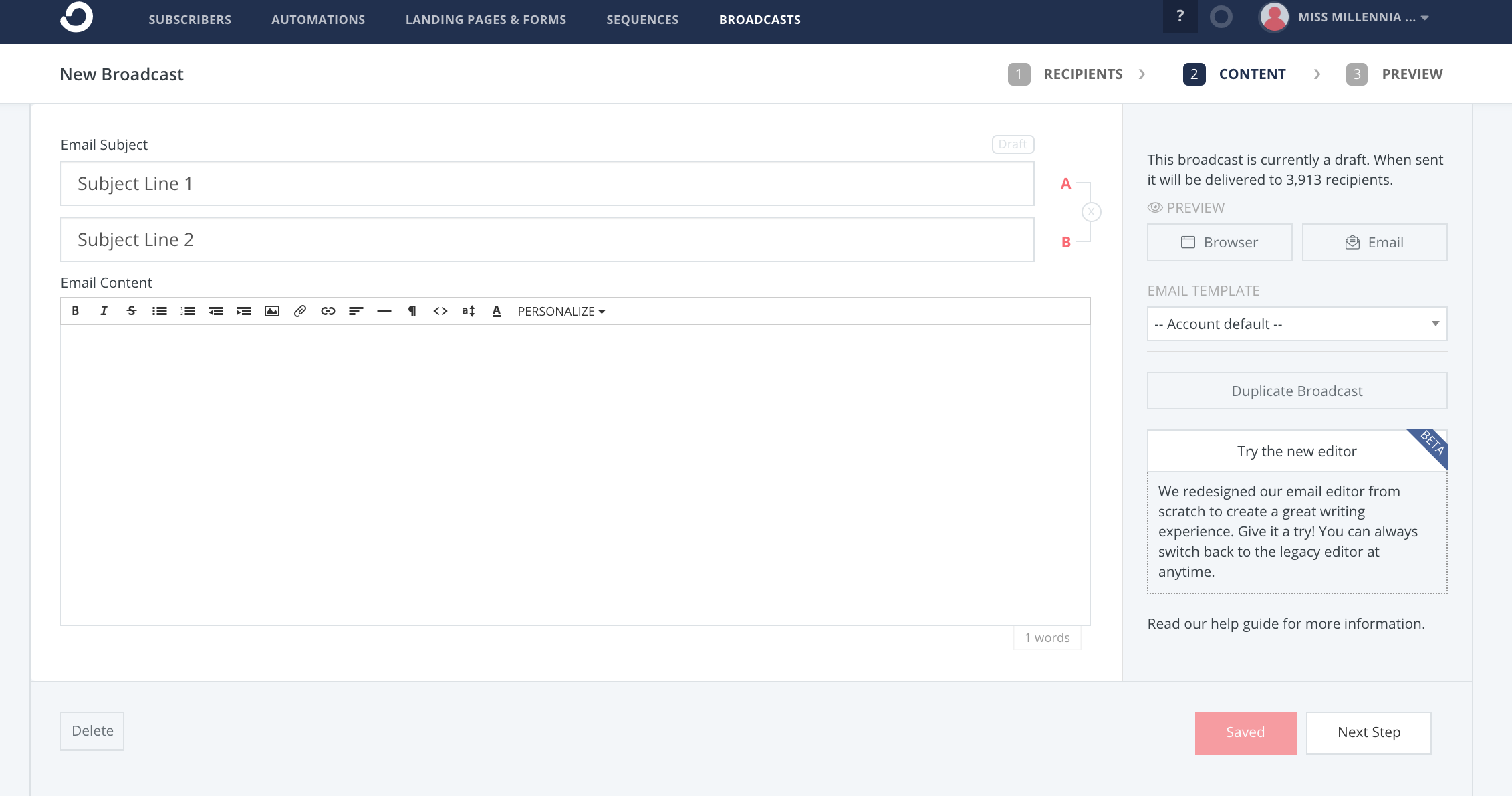 ConvertKit split test your subject lines