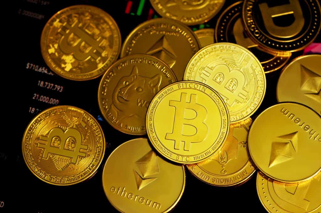 A variety of cryptocoins spread across a surface