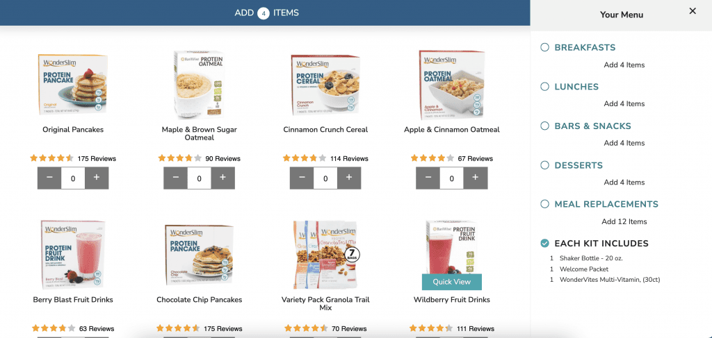 A screenshot of Diet Direct's choosing meals page