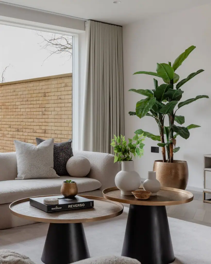 Modern interior living room with large green plant and minimalist decor, Wimbledon contemporary new.