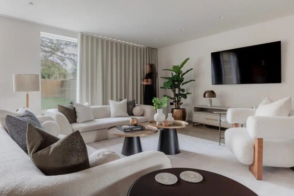 Modern Wimbledon living room with contemporary interior design and minimalist decor.