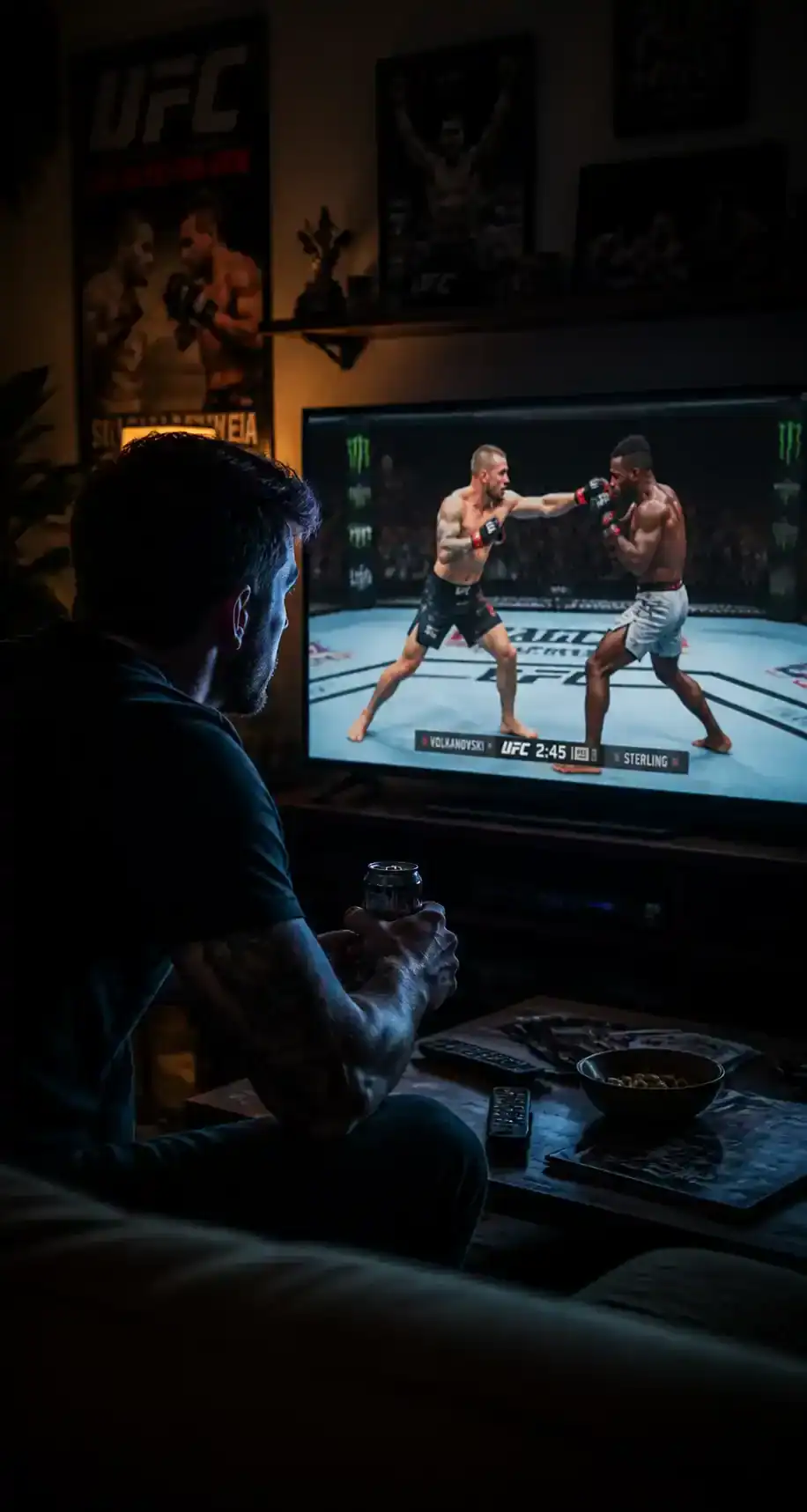 Fan de MMA devant un combat à la télévision en soirée