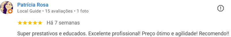 Depoimento de Patrícia Rosa para Moacir Guincho, com avaliação de 5 estrelas.