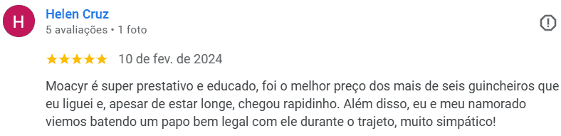 Recomendação de Helen Cruz para Moacir Guincho, destacando o bom preço e a simpatia no atendimento.