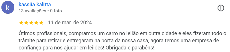 Avaliação de Kassia Kalitta sobre o serviço de retirada de carro de leilão da Moacir Guincho.
