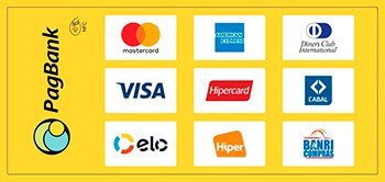 Métodos de pagamento aceitos: cartões Mastercard, Visa, Hipercard, Elo, Diners Club, American Express, Cabal, Hiper e Banri Compras via PagBank.