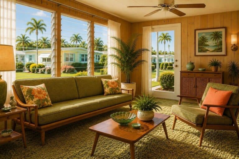 retro interior, mobile home, mid-century style, florida, period decor, tropical lifestyle, americana nostalgia, palm trees, jalousie windows, sunroom, cozy home, vintage furniture, paneled ceiling, feeling of comfort, summer vibe, retro architecture, comfortable lifestyle, jalousie, 1960s characteristics