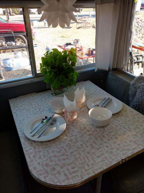 Vintage Camper Restoration - 1962 Streamline Dutchess - Interior After - close up dining area 2