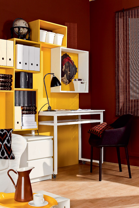 Great Home office ideas for small mobile homes  - red and orange shelf office