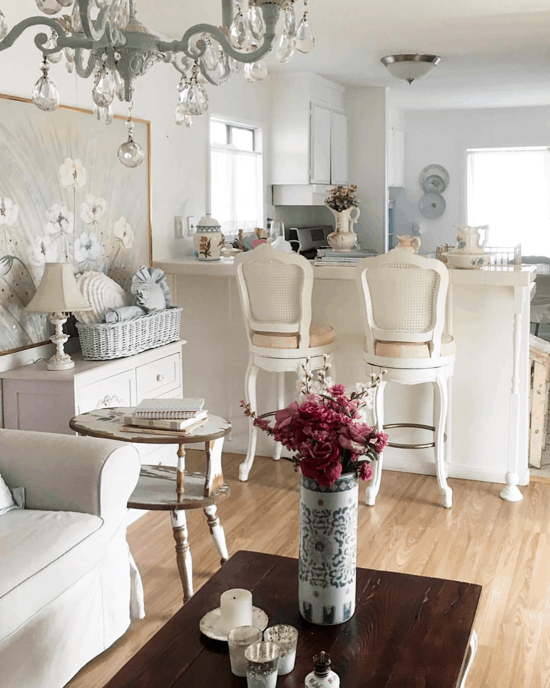 kitchen counter and living room in shabby chic