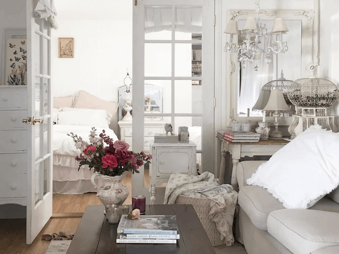 romantic shabby chic mobile home living room with french doors