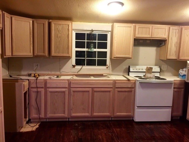 1985 Liberty single wide mobile home remodel - kitchen cabinets installed