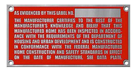 Example of a HUD Construction Code Label for a manufactured home