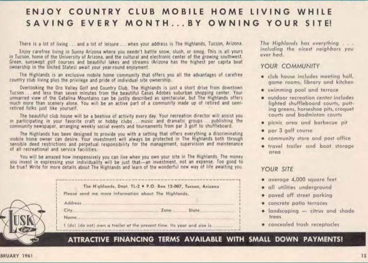 Feb 1961 Ad for Arizona Mobile Home Park 