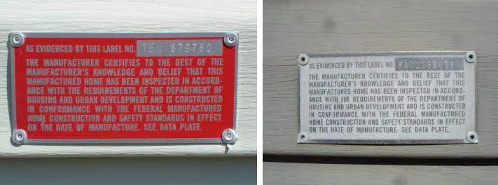 Red Manufactured Home HUD Tags and labels and a HUD Labol that has lost its red paint and is all silver