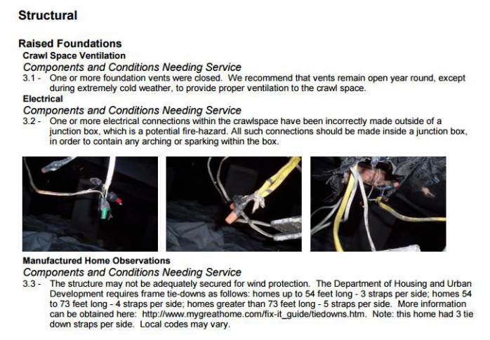 Section of a manufactured home inspection report