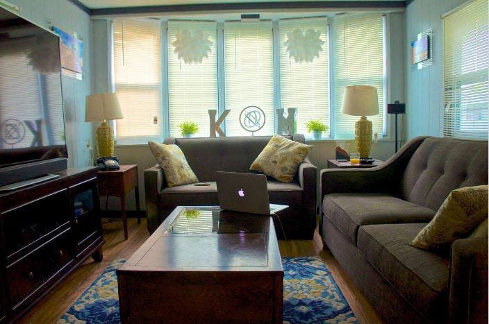 affordable mobile home remodel - 1968 Landola single wide goes Retro (living room after)