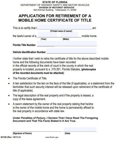 application for retirement of mobile home certificate of title in FLorida