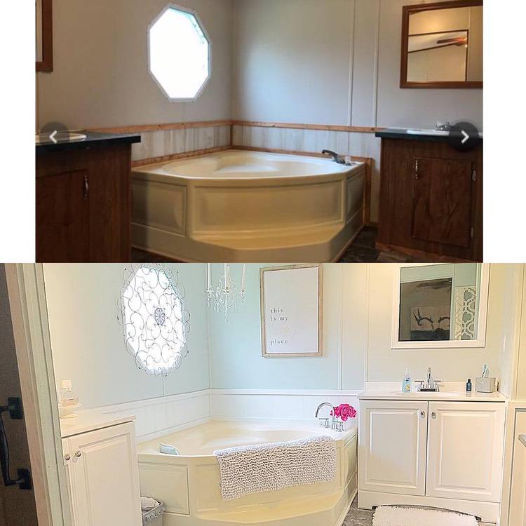 before and after images of a complete mobile home bathroom renovation