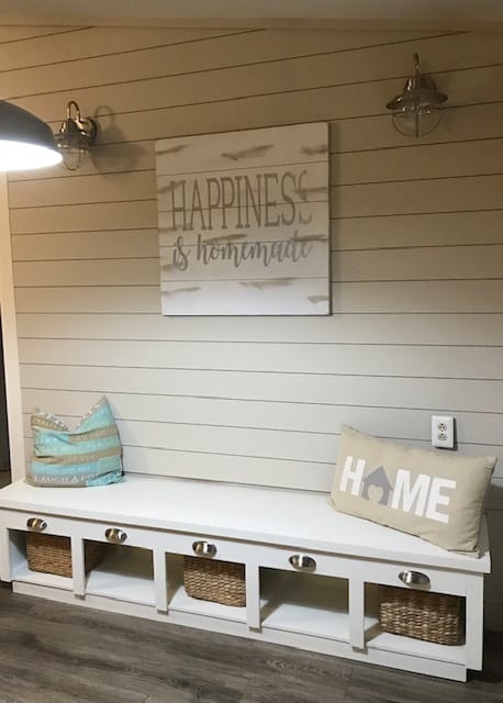 coastal farmhouse mobile home remodel entryway mudroom 1