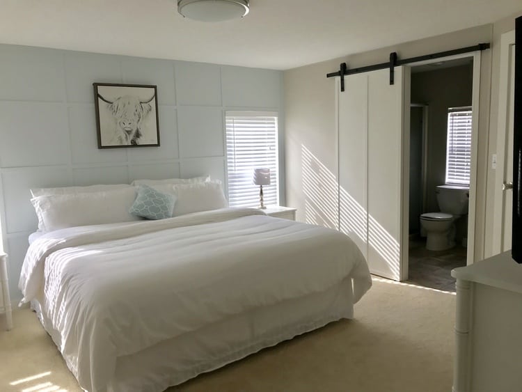 coastal farmhouse mobile home remodel masater bedroom after