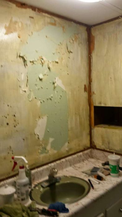 DIY mobile home transformation - adding new sink and counter in bathroom - before