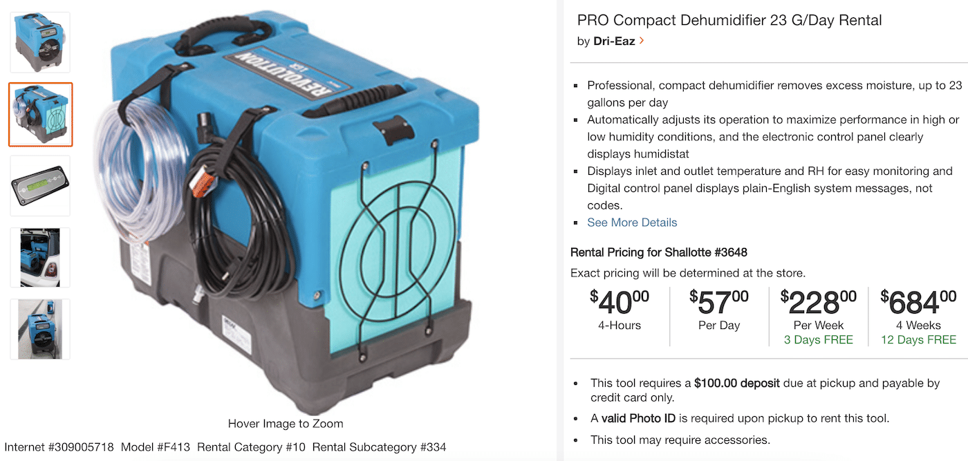 dehumidifier for rent at home depot