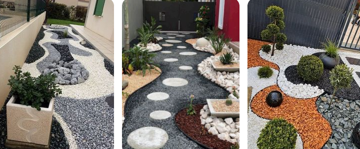 different designs using colored pebbles in yard