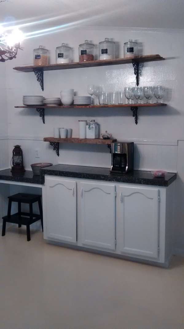 double wide decor makeover (kitchen open shelving)