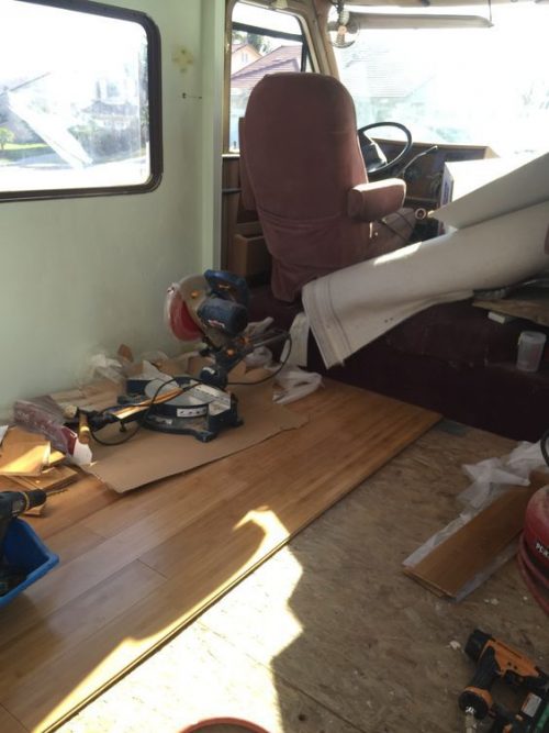motorhome RV makeover - new flooring being laid
