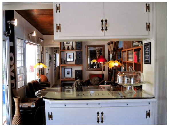 kitchen and living room after complete remodel of vintage mobile home