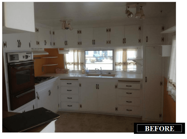 kitchen before remodel in vintage mobile home