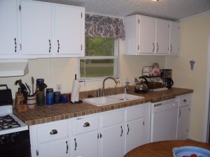 double wide manufactured home makeover - kitchen after new paint, tile, and flooring