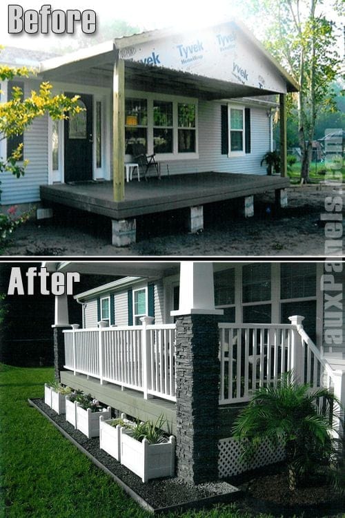porch with stone columns on manufactured home