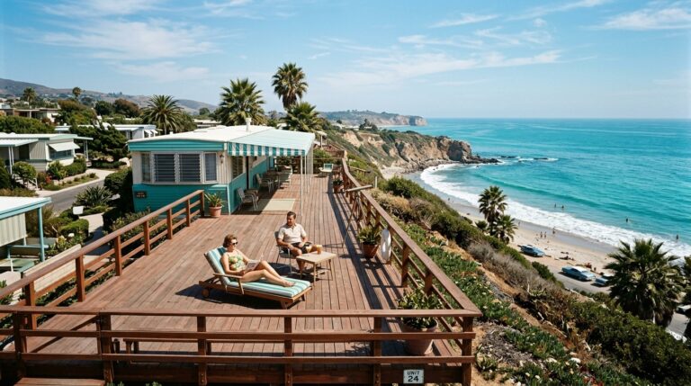 People relaxing on a beachfront deck overlooking the ocean and cliffs.