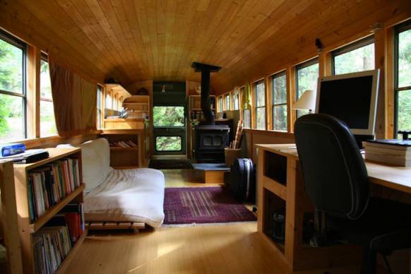 interior of converted school bus