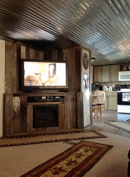 TV and entertainment center after mobile home renovation 