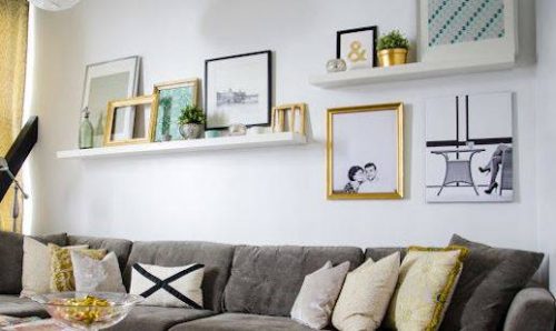 use narrow ledge shelves to prop diy wall art up on a wall
