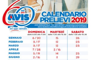 calendario donazioni 2019 Nonantola