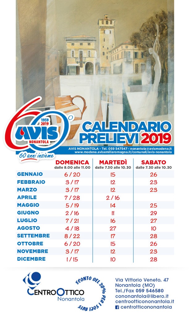 calendario donazioni 2019 Nonantola