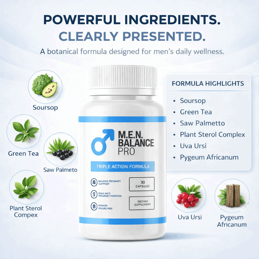 Display of natural plant ingredients used in Men Balance Pro formula for prostate support, including Saw Palmetto and Green Tea.