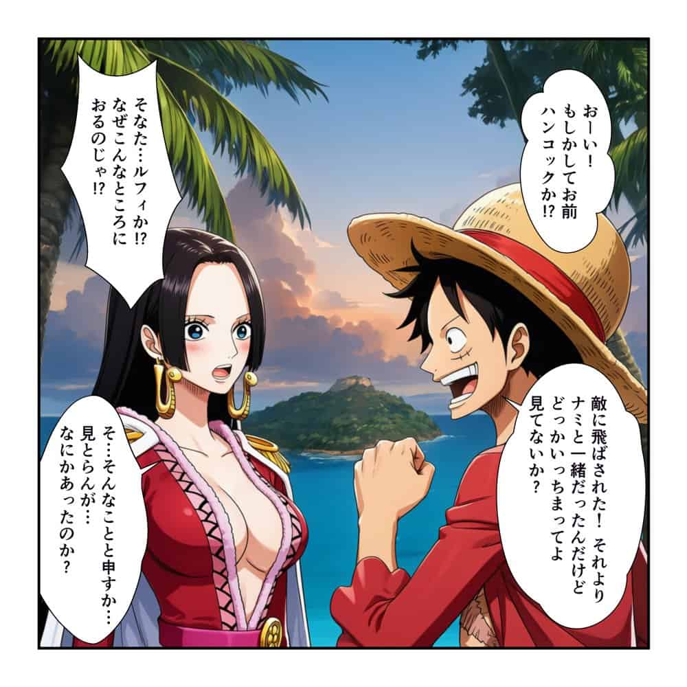 ハンコックの夜●いでルフィ覚醒！ ナミ＆ハンコック無人島イチャラブ中出し