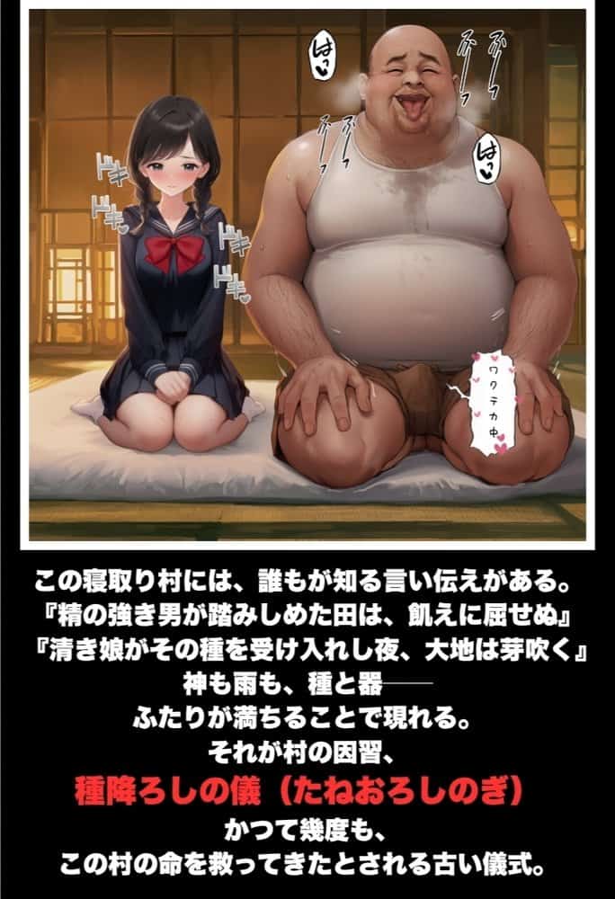 【因習村】村の飢饉を救うため差し出された僕の彼女、BMI40越えで性欲だけはいっちょまえの種付けおじさんに媚薬を飲まされ、おじさん特有のねちっこい前戯で全身べちょべちょに舐められたあげく、聖なる肉棒（チンカス付き）の掃除を実施！ その後はついに処女おまんこにゴールイン！入念かつ丹念にがん突きにされ、イキまくりんぐ！一晩中汗だくで連続絶頂アクメを決めさせられた話。 「穂乃香ぁ〜、オラの精、まるごと受け止めてくんろぉ〜〜！」