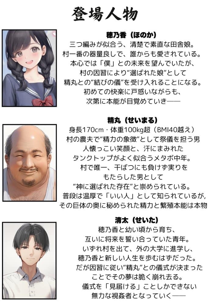 【因習村】村の飢饉を救うため差し出された僕の彼女、BMI40越えで性欲だけはいっちょまえの種付けおじさんに媚薬を飲まされ、おじさん特有のねちっこい前戯で全身べちょべちょに舐められたあげく、聖なる肉棒（チンカス付き）の掃除を実施！ その後はついに処女おまんこにゴールイン！入念かつ丹念にがん突きにされ、イキまくりんぐ！一晩中汗だくで連続絶頂アクメを決めさせられた話。 「穂乃香ぁ〜、オラの精、まるごと受け止めてくんろぉ〜〜！」