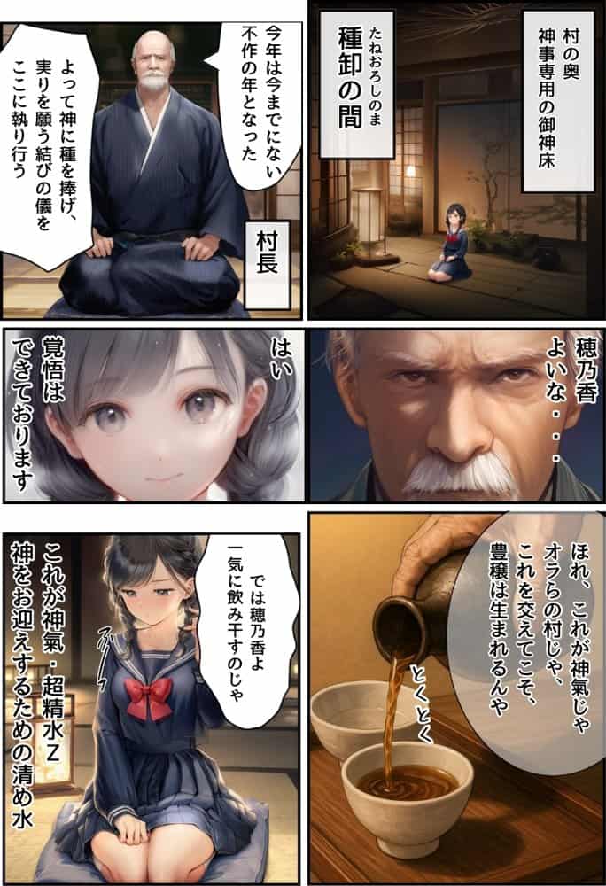 【因習村】村の飢饉を救うため差し出された僕の彼女、BMI40越えで性欲だけはいっちょまえの種付けおじさんに媚薬を飲まされ、おじさん特有のねちっこい前戯で全身べちょべちょに舐められたあげく、聖なる肉棒（チンカス付き）の掃除を実施！ その後はついに処女おまんこにゴールイン！入念かつ丹念にがん突きにされ、イキまくりんぐ！一晩中汗だくで連続絶頂アクメを決めさせられた話。 「穂乃香ぁ〜、オラの精、まるごと受け止めてくんろぉ〜〜！」