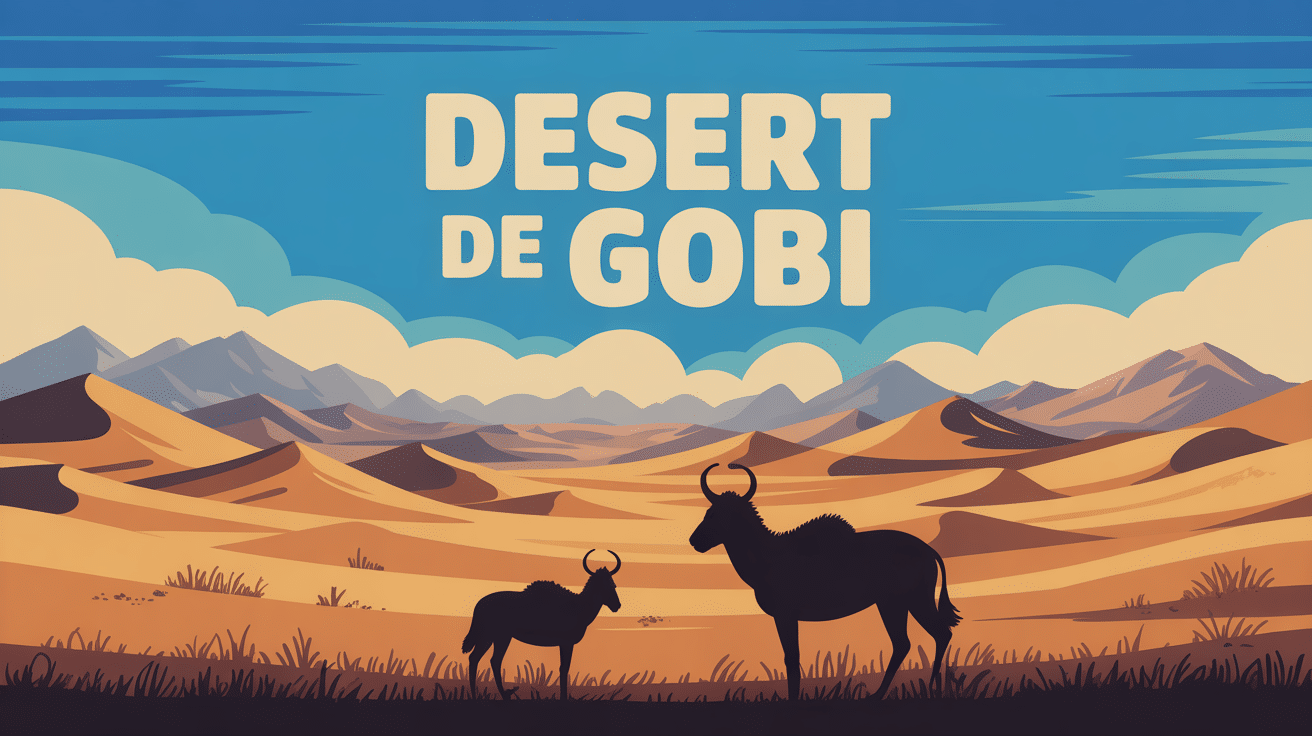 Illustration desert de gobi avec chameaux et dunes